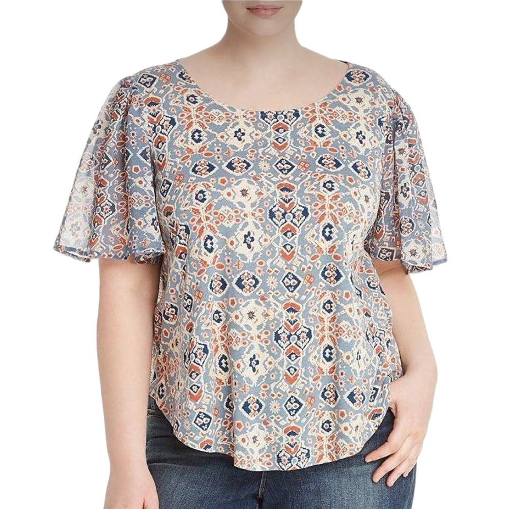 Lucky Brand Mosaic Print Flutter Sleeve Top Sz XL